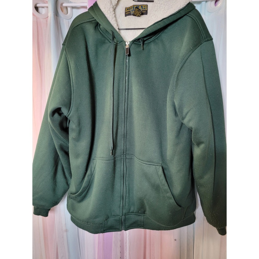 Oscar Sports Mens XL Sherpa Lined Zip Up Hoodie Forest Green Faux FurJacket 1105